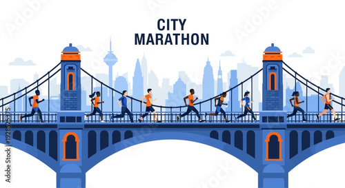 City Marathon Runners Crossing Bridge with Metropolis Silhouette Illustration