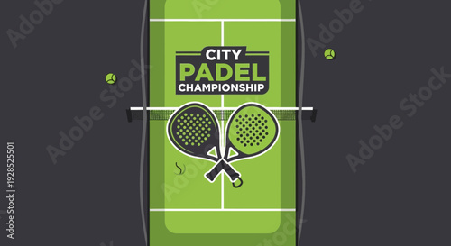City Padel Championship Illustration Featuring Tennis Court, Rackets, and Balls Visual