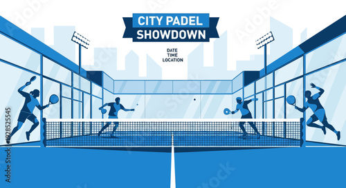 City Padel Showdown: Tournament Illustration Featuring Athletes and Minimalist Design