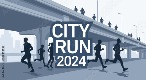 City Run 2024: A Dynamic Visual Depicting Runners in Urban Landscape and Silhouette