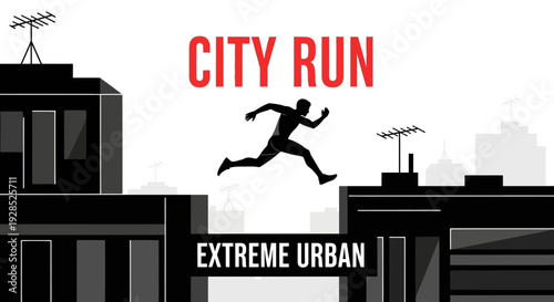 City Runner Silhouette Leaping Across Urban Rooftops Depicting A Dynamic Sport Activity