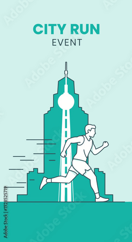 City Runner Sprinting Past Landmark Illustration, Urban Race Promotion Design Concept