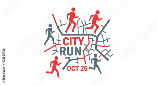 City Run Event, Illustrated Logo, Featuring Runners, Street Map, and October Date