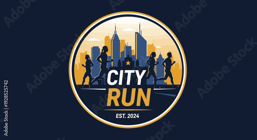 City Run Event Logo Illustrating Urban Marathon with Dynamic Runners Silhouette