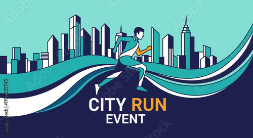 City Run Event: Vibrant Illustration of Urban Marathon with Skyline and Energetic Athlete