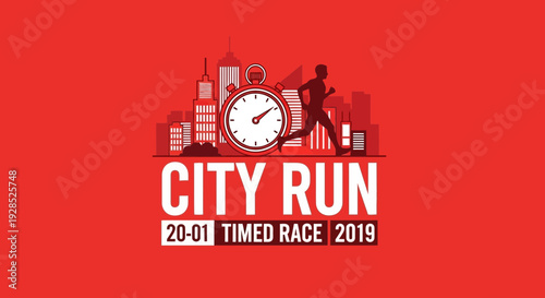 City Run Event, Silhouette Of A Runner And Skyscrapers, Red Background Illustration