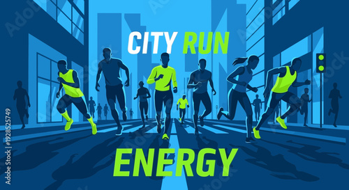 City Runners Sprinting Through Modern Urban Spaces, Promoting Energy, Action, and Dynamic Movement