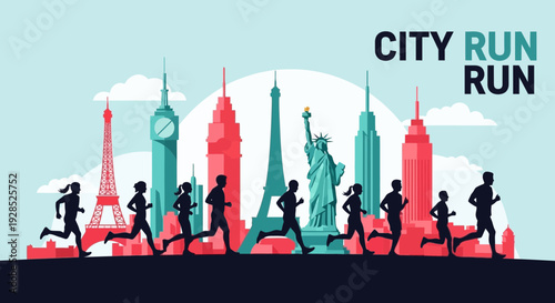 City Run Featuring Famous Landmarks Promoting Exercise And International Fitness