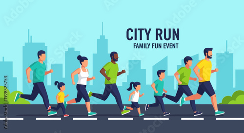 City Run Family Event Promoting Fitness, Activity and Community with Energetic Runners