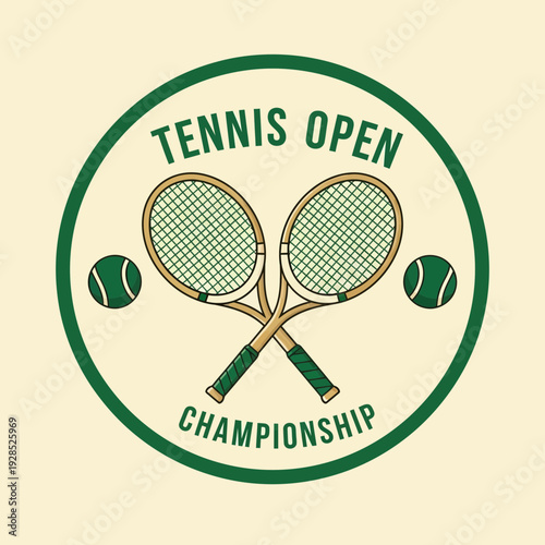 Classic Tennis Open Championship Emblem: Vintage Rackets, Balls, And Championship Design