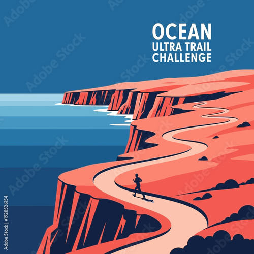 Coastal Runner Navigates Rugged Terrain in a Dramatic Landscape with Ocean Vista and Challenging