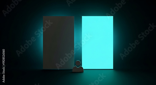 Person standing between a dark and a bright door in a dark room.