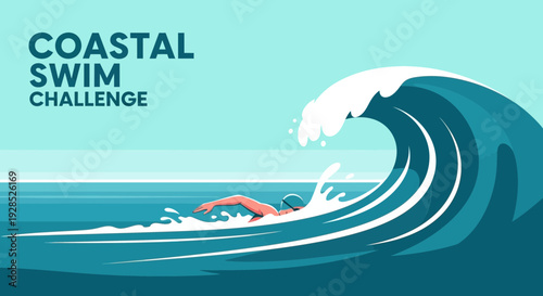 Coastal Swimming Event: A Dynamic Illustration of a Swimmer Conquering Ocean Waves