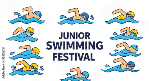 Colorful Junior Swimming Festival Illustration with Various Swimmers and Waves