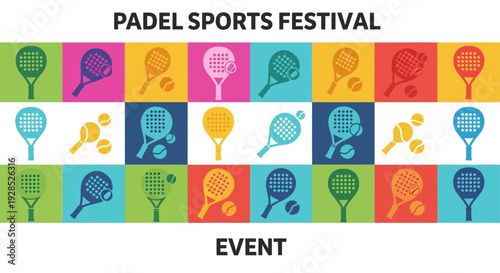Colorful Padel Sports Festival Event: Vibrant Rackets and Balls Design Illustration