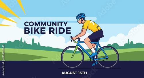 Community Cycling Event Illustration with Cyclist on a Bike Under a Bright Sky
