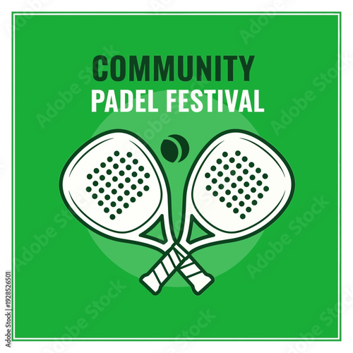 Community Padel Festival Illustration: A Vibrant Green Design Featuring Sport Racquets and Ball