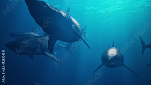 A group of white sharks swim underwater