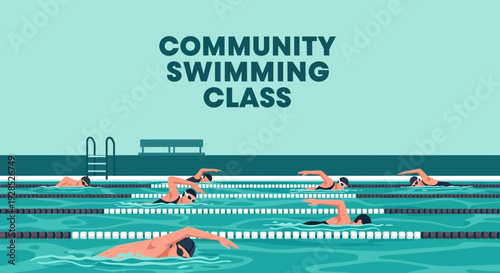 Community Swimming Lesson Illustration Featuring Individuals Practicing Their Stroke Technique
