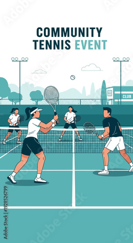 Community Tennis Event: An Energetic and Competitive Sporting Tournament Illustration