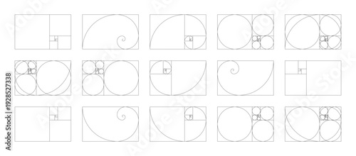 Templates of golden ratio harmony proportions. Horizontal Fibonacci numbers array set of 15 elements.