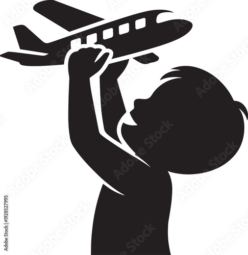 Silhouette child holding airplane toy vector illustration