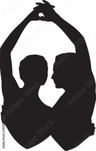 Silhouette couple portrait dancing together vector illustration, holding hands creating heart shape