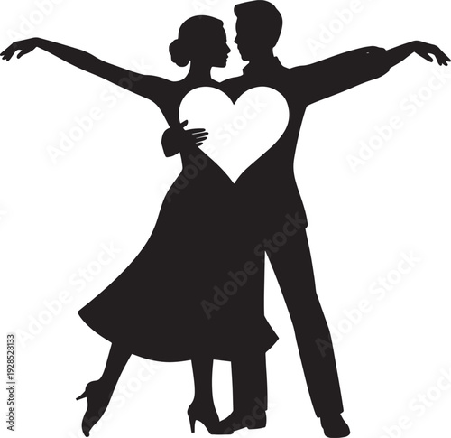 Silhouette of dancing couple with heart shape cut out in middle representing true passion