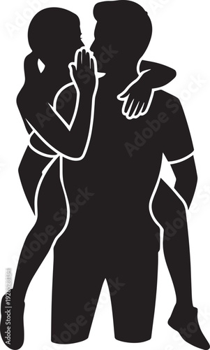 Silhouette of man carrying woman piggyback romantic pose on white background