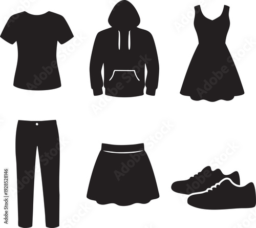 Vector illustration of a women fashion clothing set with dresses shirts skirts jackets and pants