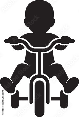 Stylized silhouette of toddler on trike with handlebars for family and nursery concepts