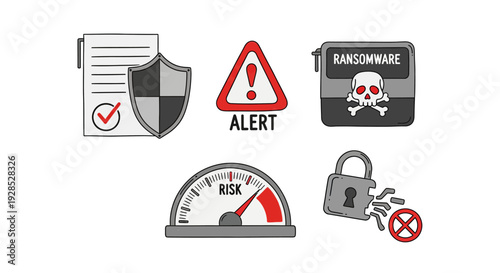 Cyber security and risk management vector icons including ransomware shield and lock