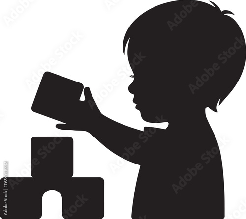 Toddler child profile silhouette playing with building blocks stacking toys for education