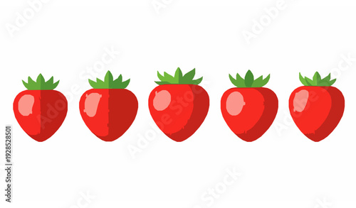 Five Fresh Strawberries in Straight Row Flat Vector Isolated on White Background