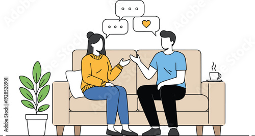 Young loving couple sitting on comfortable sofa having a romantic conversation with speech bubbles in a cozy living room.