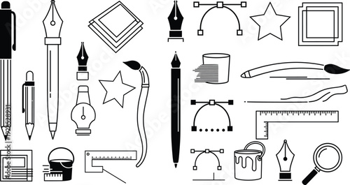 Set of graphic design and drawing tools outline icons including pen pencil brush ruler and bezier curves elements.