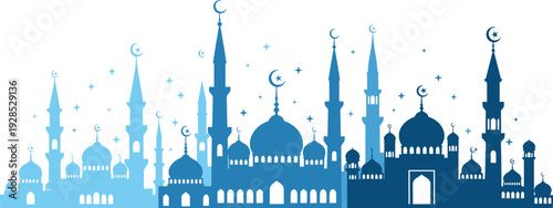 Beautiful blue gradient skyline silhouette of islamic mosques with minarets crescent moons and stars for ramadan kareem greeting.