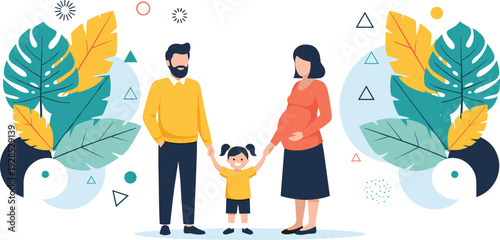 Happy young family expecting baby with pregnant mother father and daughter standing together surrounded by decorative tropical leaves.