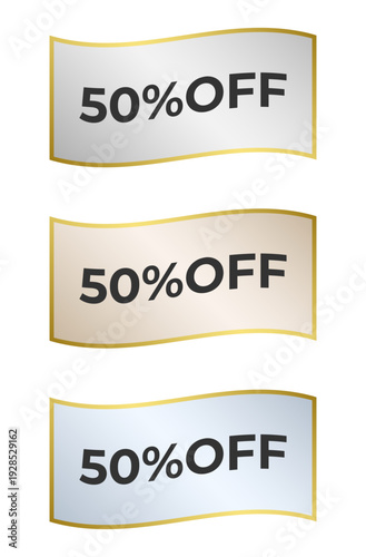 50 percent off discount banners featuring gold and silver metallic wave labels for sales and promotions