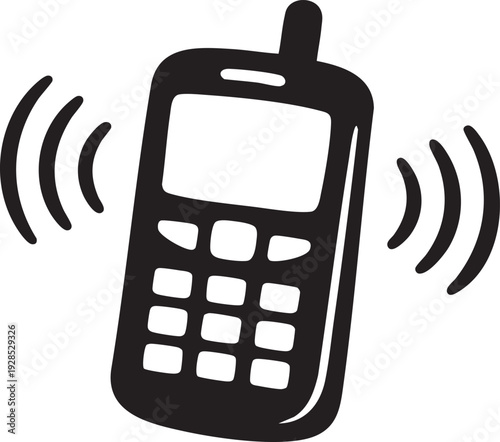 Black mobile phone icon with screen and keypad isolated on white background representing communication and technology