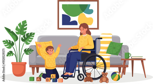 Happy disabled mother in wheelchair playing joyfully with her little son in a cozy modern living room home interior.