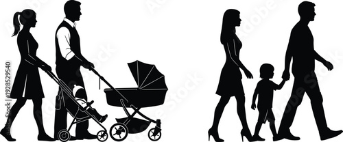 Black silhouette illustration of happy parents walking with children featuring a baby stroller and young child holding hands outdoors.