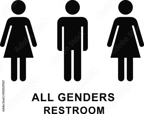 All genders restroom sign with black stick figure symbols representing male female and unisex access on a white background.