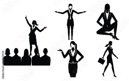 Diverse Businesswomen Silhouettes - Corporate Professionals in Various Poses, Vector Illustration