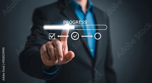 Businessman interacting with a digital progress bar interface