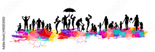 Family parents and kids. Silhouettes of families and colorful blots. Hand drawn. Not AI, vector illustration