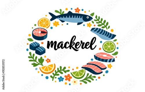 Colorful mackerel fish assortment with citrus and floral accents