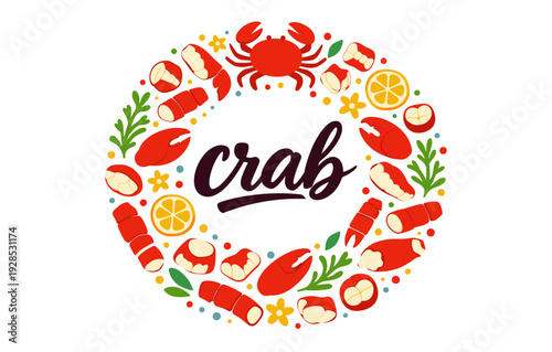 Vibrant seafood design featuring crab and claw elements with lemon and herb accents