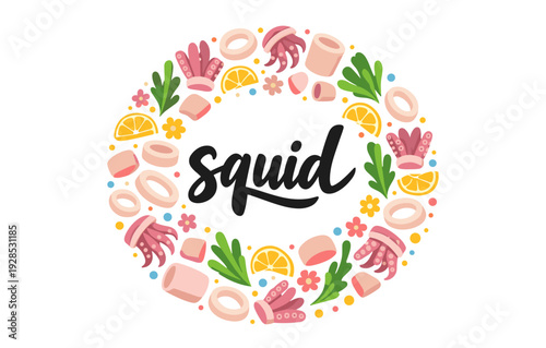 Colorful squid illustration with tentacles, lemon, and herbs in a circular design