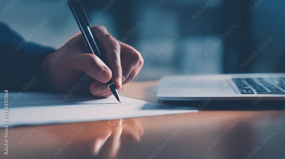 Naklejka premium Close up of a persons hand writing with a pen on paper near a laptop computer
